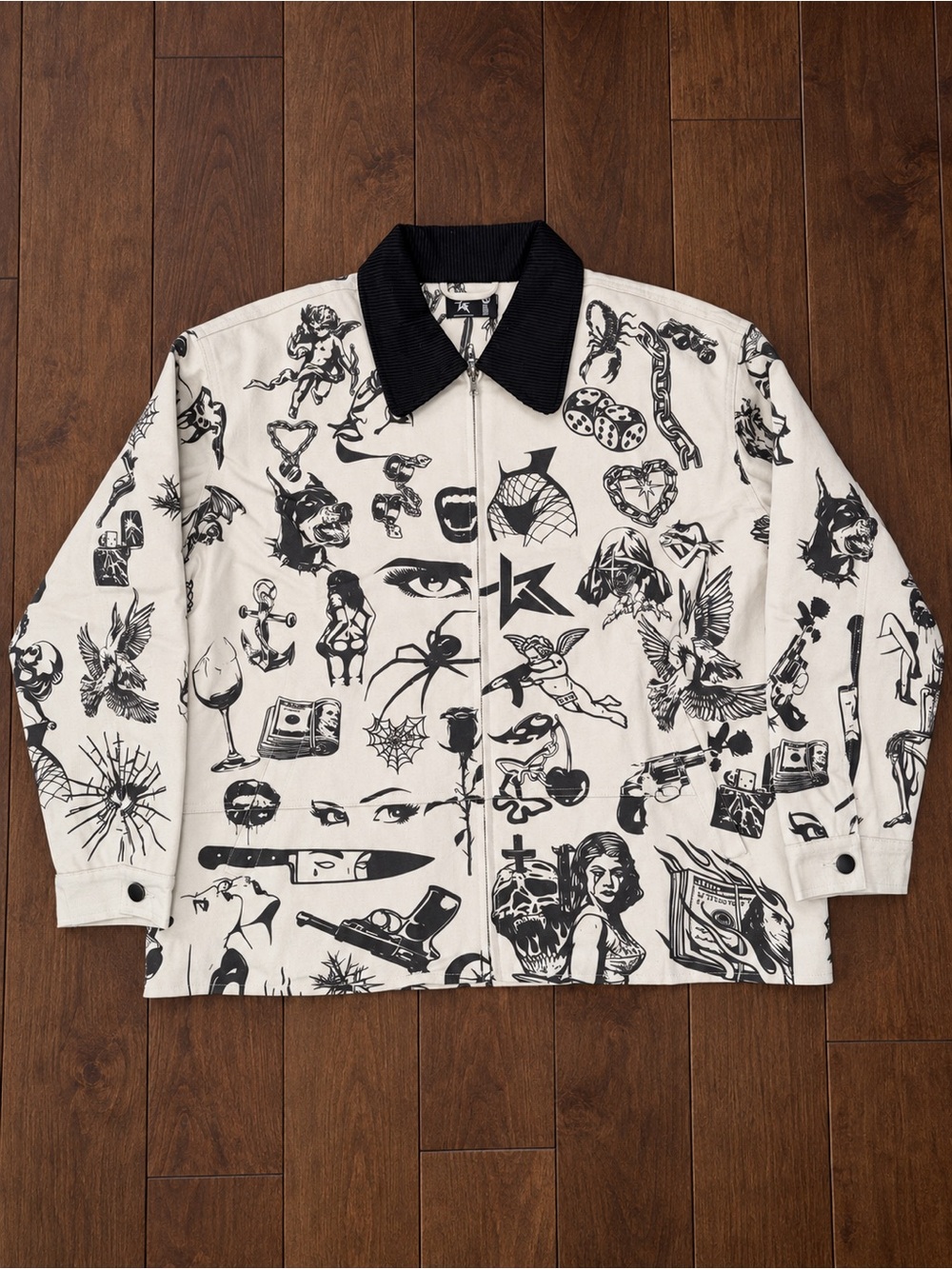 Rare WKND Riot Tattoo Flash Canvas Zip Jacket Cream Black NWT